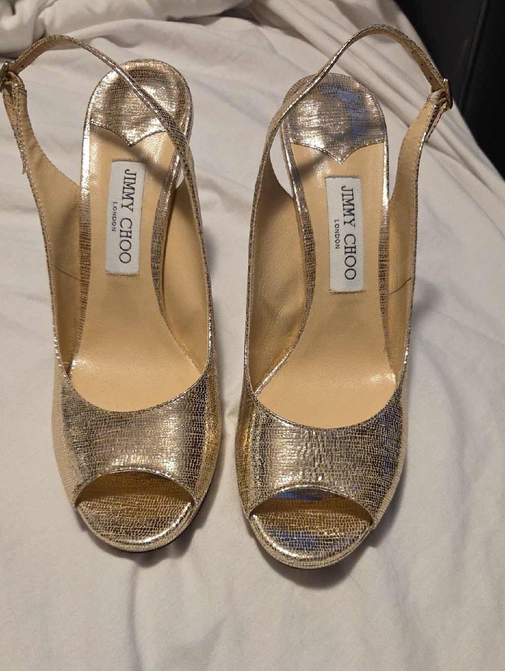Jimmy Choo Metallic Gold Peep-Toe Slingback Heels